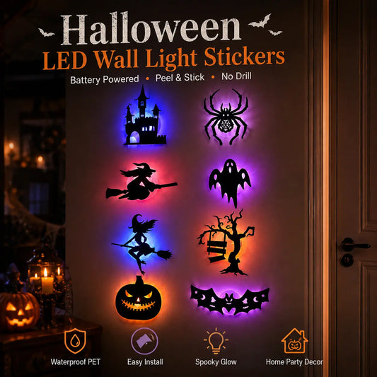 🎃 Halloween LED Spooky Wall Decorations - Glowing Peel & Stick Lights for Window, Door, Porch, Garage & Party