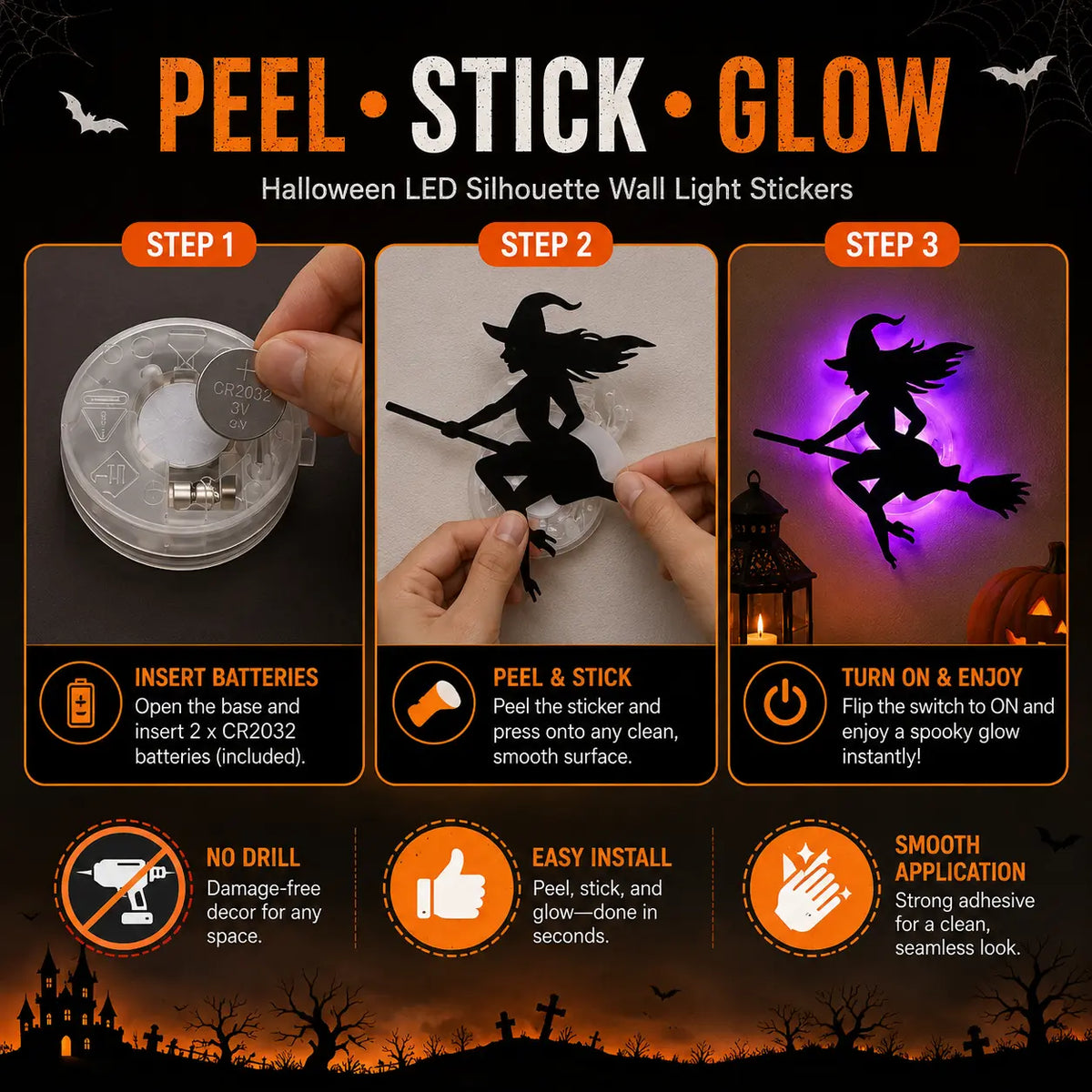 🎃 Halloween LED Spooky Wall Decorations - Glowing Peel & Stick Lights for Window, Door, Porch, Garage & Party