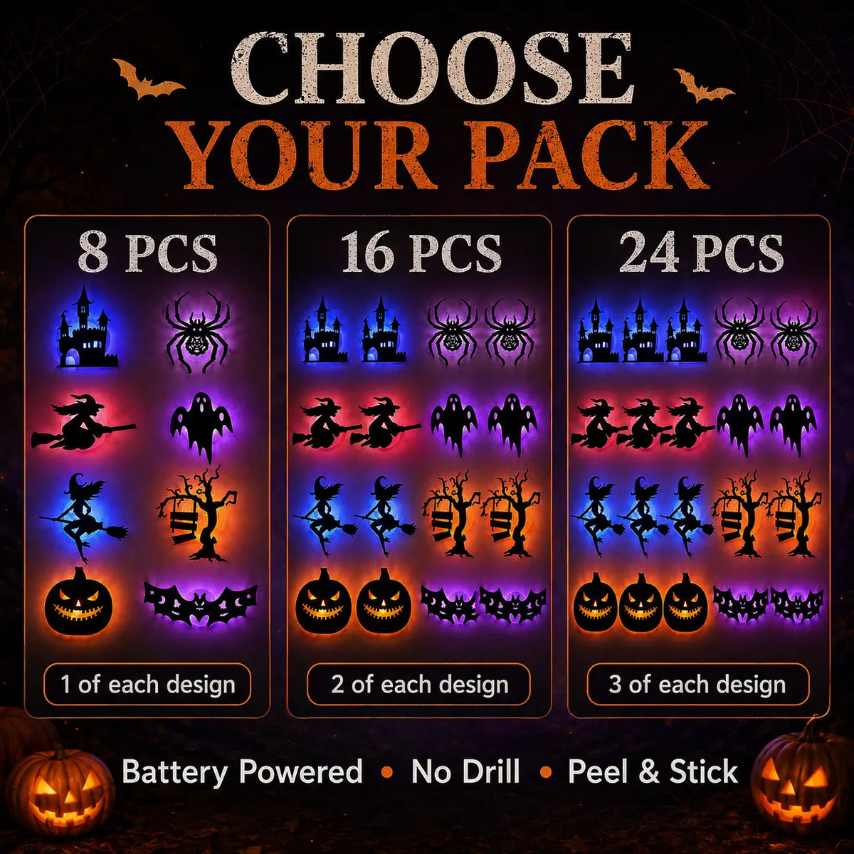 🎃 Halloween LED Spooky Wall Decorations - Glowing Peel & Stick Lights for Window, Door, Porch, Garage & Party